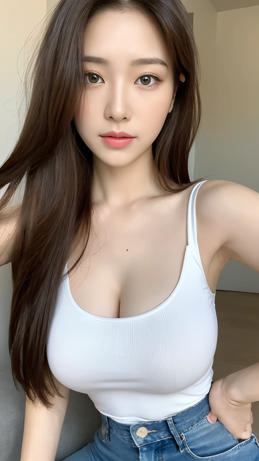 (Lifelike, A high resolution:1.3), 1 girl with a perfect body, Super fine face and eyes,long whitr hair, Tank top of random colors:1.2, short jeans pants, Bigboobs,Expose cleavage