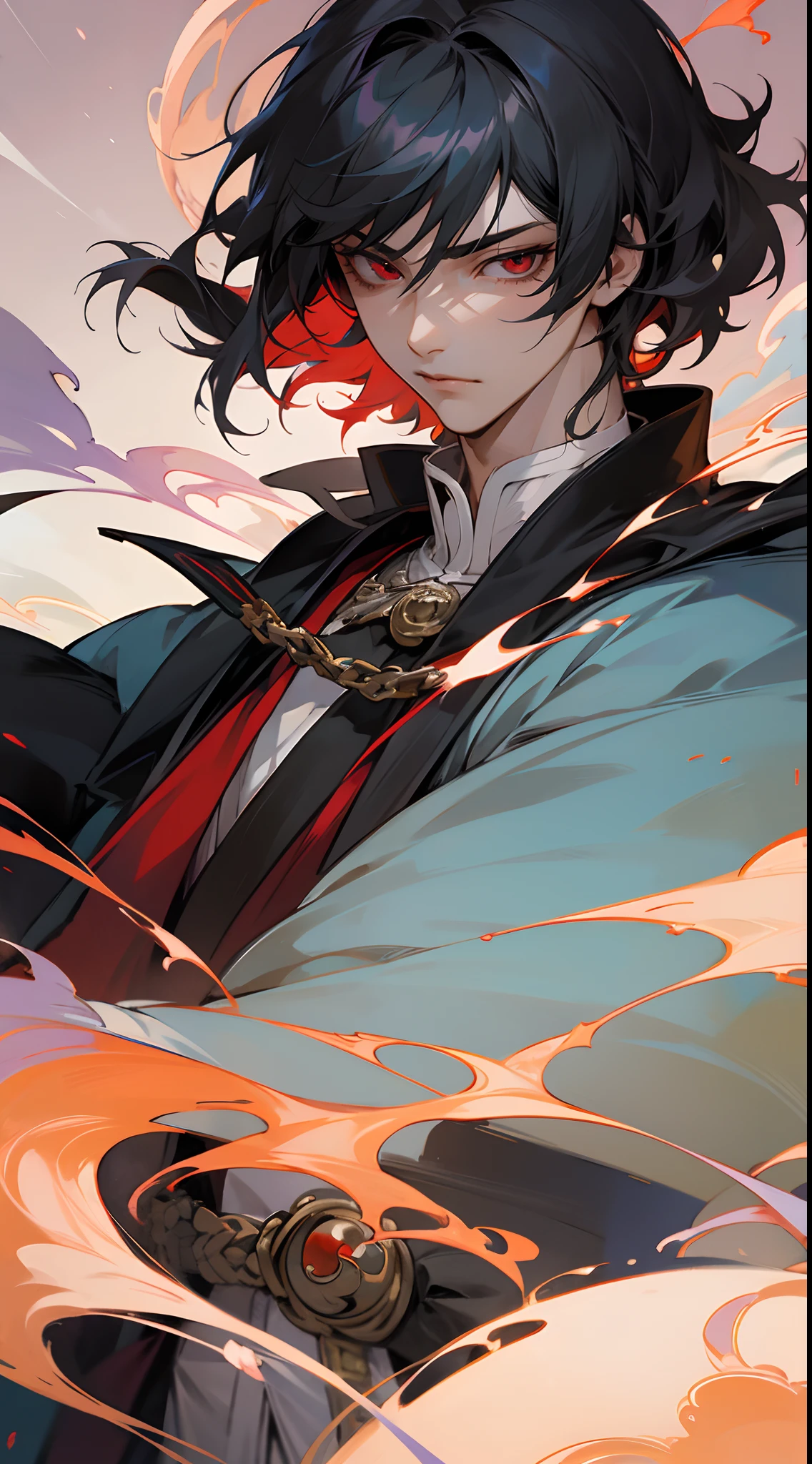 a close up of a man in a robe, splash color, beautiful androgynous prince, sakimichan frank franzzeta, delicate androgynous prince, heise jinyao, handsome guy in demon slayer art, casimir art, zhongli from genshin impact, range murata and artgerm, keqing from genshin impac, very long black hair, red eyes, smoke effect, tall muscular guy