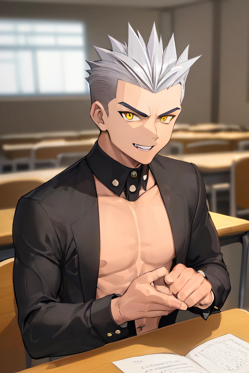 TAN SKIN, Teenage MAN, boy, (masterpiece, best quality), KujouCSA, break, 1boy, (Teenager), 15 years old, (((15 YEARS))) high school student, alone, black formal long sleeve shirt, BLACK SHIRT ((Expensive clothes)), muscular chest, chiseled abs, body full of muscles, yellow eyes, dark silver hair, (((DARK SILVERHAIR))) (DARK SILVER HAIR) spiky hair, hair shaved on the sides, evil smile, fang, intimidating expression, tan skin, tanned man, attractive, teenager, toned pecs, muscular arms, bull neck, smile, aesthetics, look at viewer, upper body photo, university classroom, rest, garden manor. (((short spiked hair))) (((short spiked hair))) (((15 YEARS))) (((15 YEARS))) (((15 YEARS)))