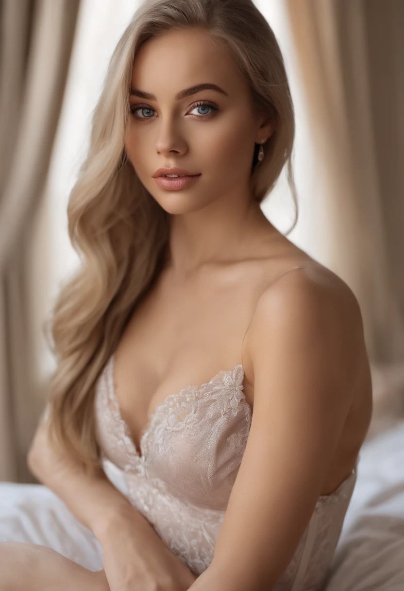 arafed woman fully , sexy girl with blue eyes, ultra realistic, meticulously detailed, portrait sophie mudd, blonde hair and large eyes, selfie of a young woman, bedroom eyes, violet myers, without makeup, natural makeup, looking directly at the camera, face with artgram, subtle makeup, stunning full body shot kneeling on bed, in bedroom, medium to large size bust