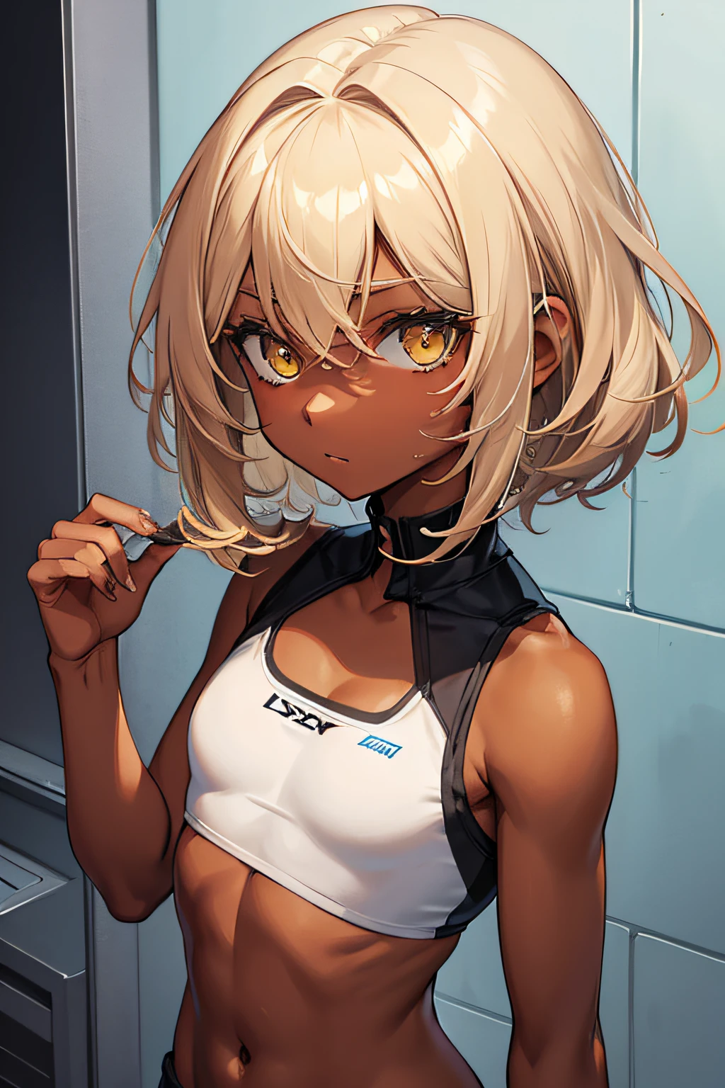 female, 1 girl, body muscle, tomboy, small breasts, short body height, eye color Hazel:, Skin color: Dark tan, Hair Color: Dirty Blonde, Hair Style: Wavy Short and rommelig hair, color base: Yellow,