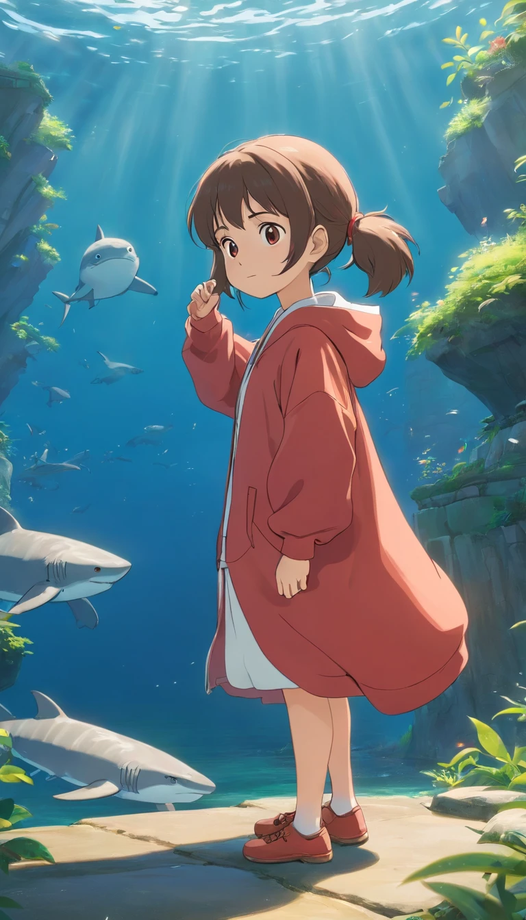 movie picture quality,Hayao Miyazaki animation,Miyazaki animation style,Miyazaki film animation,3D movies,China-style,Gawr Gura, Little girl standing in front of a huge koi,swell sea,depth of fields,high light,Real light,Ray traching,oc rendered,Hyper-realistic,best qualtiy,8K,Works of masters,super-fine, Correct anatomy,sharp focus on eyes,Bokeh,Facial features are carefully depicted, Hololive, shark hoodie, Gawr Gura