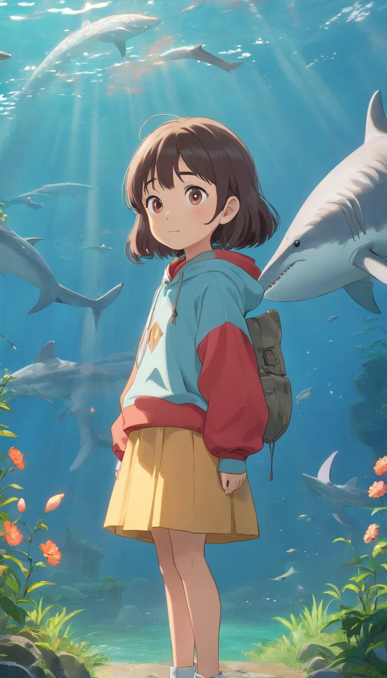 movie picture quality，Hayao Miyazaki animation，Miyazaki animation style，Miyazaki film animation，3D movies，China-style，Gawr Gura, Little girl standing in front of a huge koi，swell sea，depth of fields，high light，Real light，Ray traching，oc rendered，Hyper-realistic，best qualtiy，8K，Works of masters，super-fine, Correct anatomy，sharp focus on eyes，Bokeh，Facial features are carefully depicted, Hololive, shark hoodie, Gawr Gura