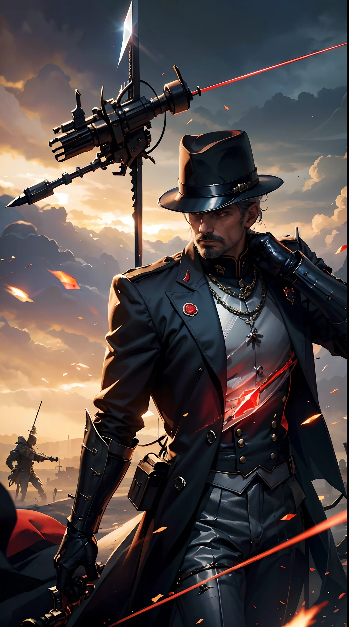 Father holding swords, suits, general hats, tanks and soldiers in the background,red blood element,hd light and dark, balance rendering, HD lighting and dark )<=(epic image quality)dark atmosphere with bright particle light(many effects in background)
