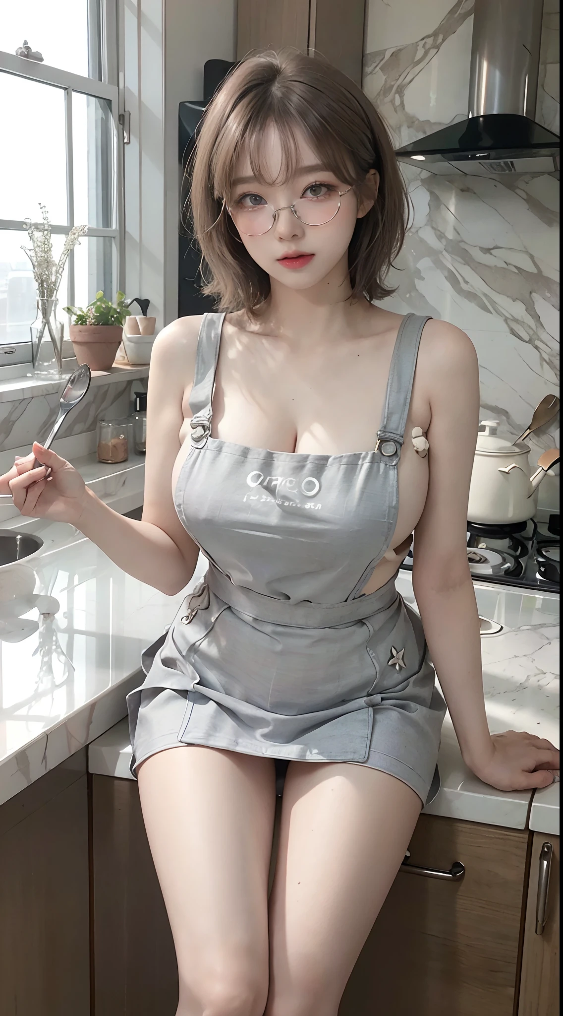 Top image quality、Raw photography、超A high resolution、18-year-old Korean、Glasses beauty、Colossal tits:1.5、cleavage of the breast:1.5、Healthy complexion、shiny white skin、(short cut hair)、((Light brown silver hair))、Beautiful eyes with random colors、very thin lips、beautiful eyes finely detailed、elongated eyes、pale pink blush、long eyeslashes、Beautiful double eyelids、eyeshadows、耳Nipple Ring、Beautiful skin、(Fashionable glasses、Wearing _kitchin_Apron、V-neck micro size apron、Transverse breasts、Beautiful legs、Attractive thighs)、(slightly thicker thighs、Photograph the entire leg、Sit in the kitchen、Photograph the whole body)