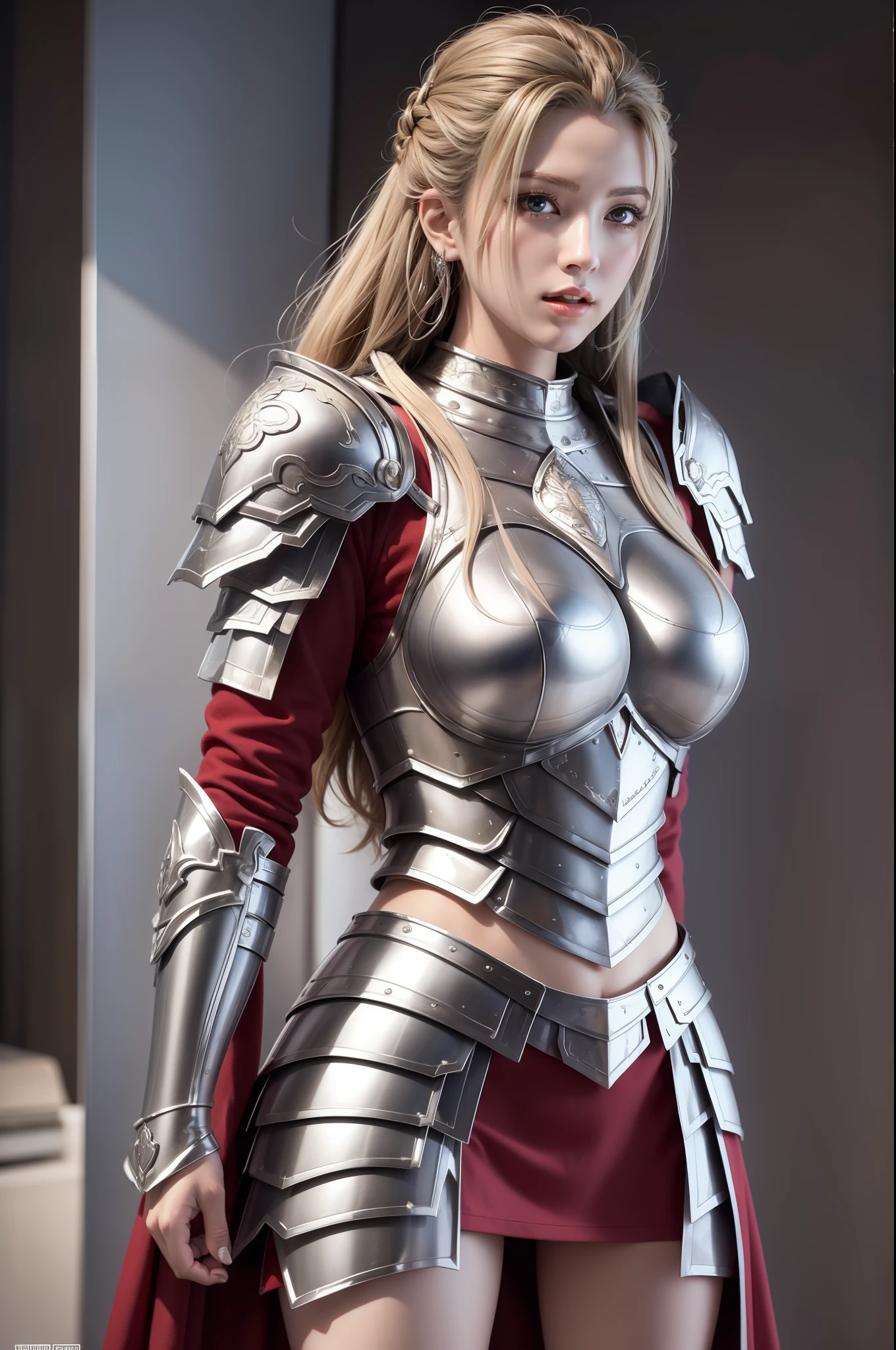 The girl wears silver armor，A pair of wings，（huge tit，Oversized tits，Exaggerated breasts），Long legs，Complex structures，extreme hight detail，8K quality，SENSE OF CINEMA