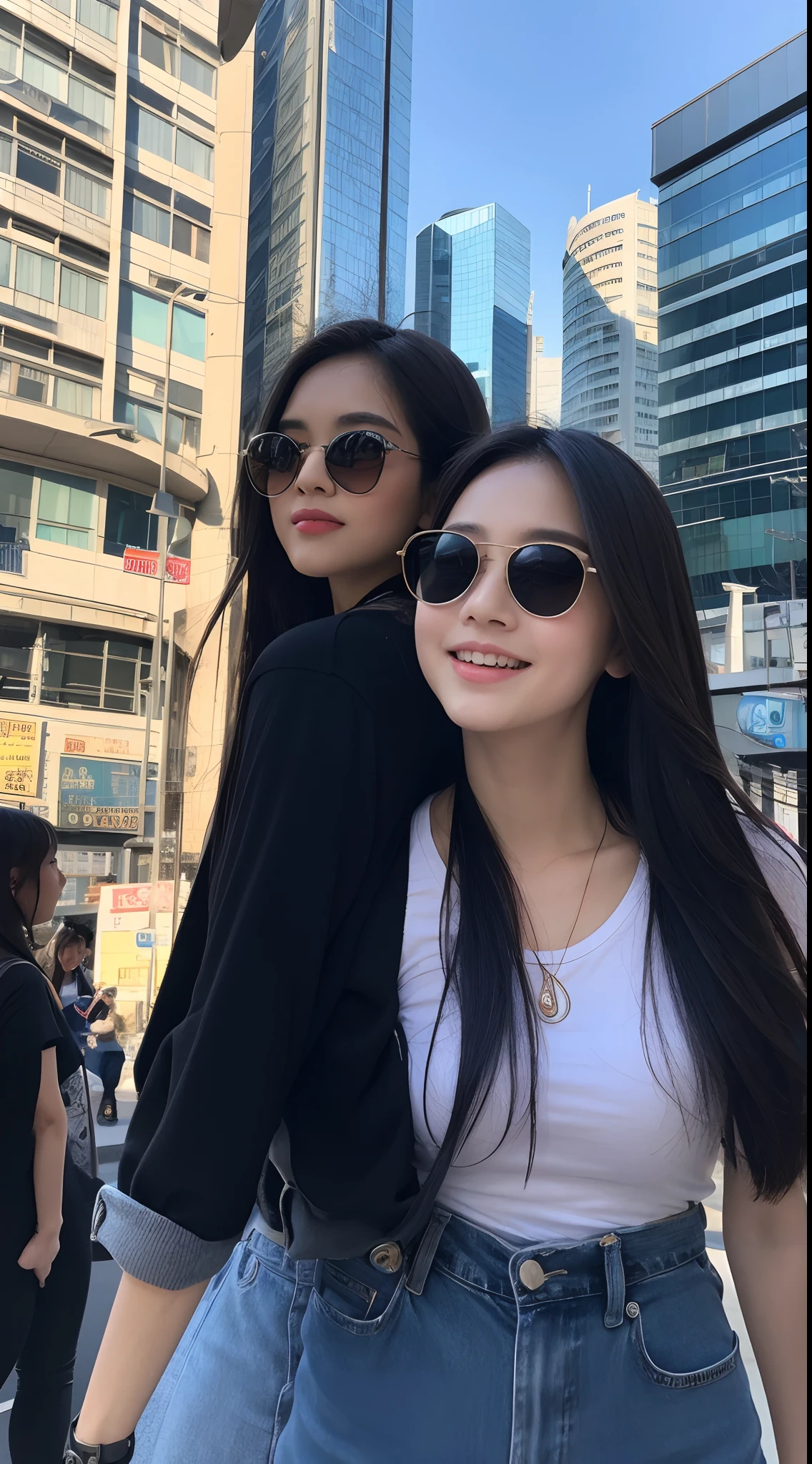 Two girls: A -yeld giwalks in front of a zebra crossing at a traffic light on a Hong Kong street,Extreme light and shadow,Aurora chase,Extremely strong reflected light,Extreme shadows,Town,blue-sky,warm sunlight,enjoying life,Healing pictures,(Smile 0.8)(Upper body close-up 1.2)(Great view 1.2)(Clean background 1.2)(Delicate facial features1.3)(Perfect body 1.3)(Flat chest 1.1)(Global illumination 1.2)(Surreal scenario 1.3)(Wear denim suspenders 1.2)(Double ponytail 1.3)(Cute red border sunglasses 1.3)(Playful cute shape 1.3),rendering by octane,CGSociety trends,Super sharp,highly intricate detail,realistic raytraicing,((hyper realistic detailed))(Ultra-delicate eye structure 1.3)(There is reflected light in the eye1.3)(Body tilt 1.2)Analog cameras(Realistic portrait 1.3)(Bust close-up 1.3)