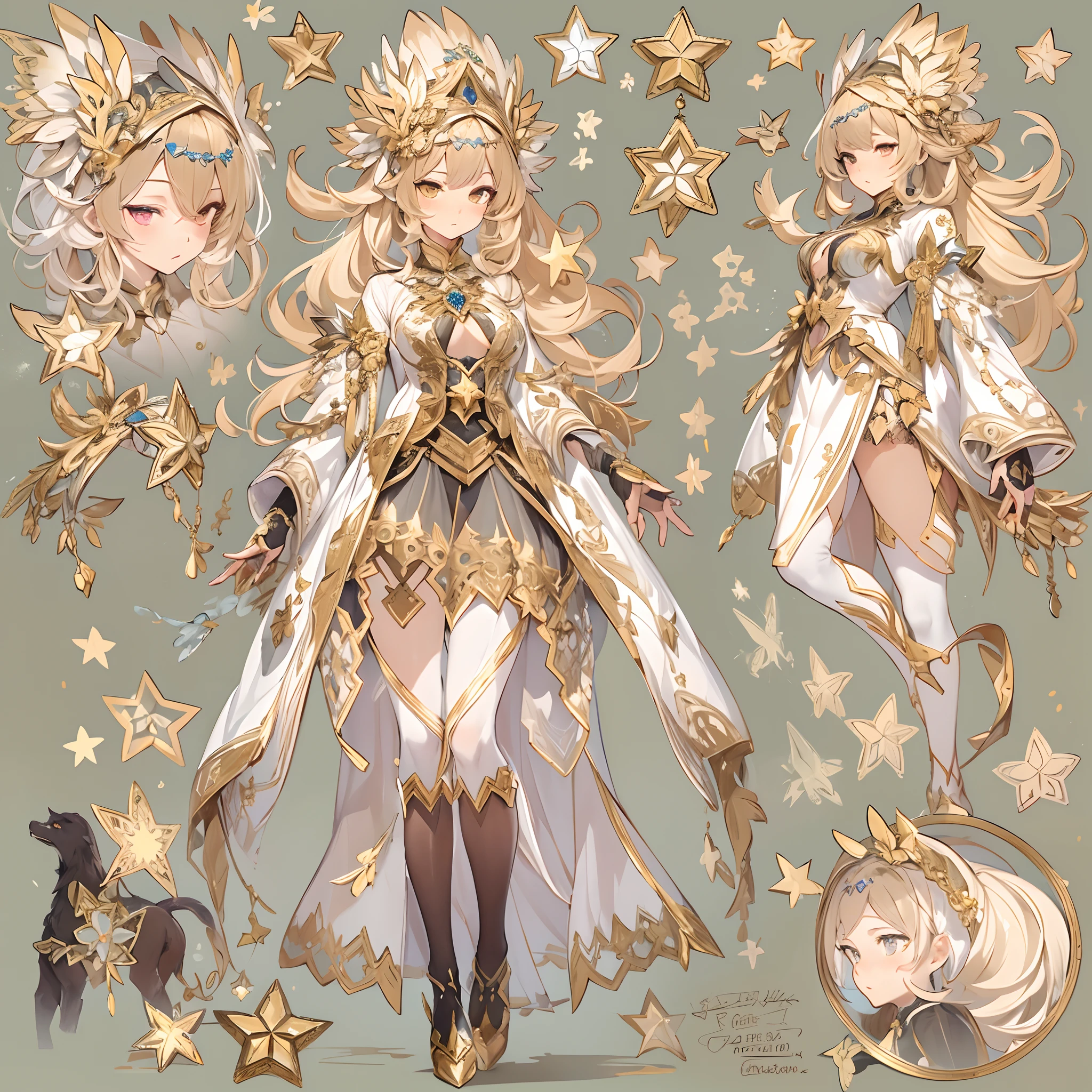 ((Masterpiece, Highest quality)), Detailed face, CharacterDesignSheet， full bodyesbian, Full of details, Multiple poses and expressions, Highly detailed, Depth, Many parts，beuaty girl，summoning，golden colored，estilo fantasia，lacepantyhose，Extremely beautiful，High Balance, Natural light,Star decoration，pets