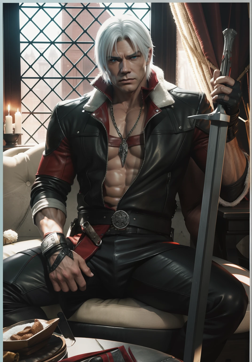 dante devil_may_cry male male_only sakimichan solo white_hair,big muscle,sit down,leather gloves,strong man