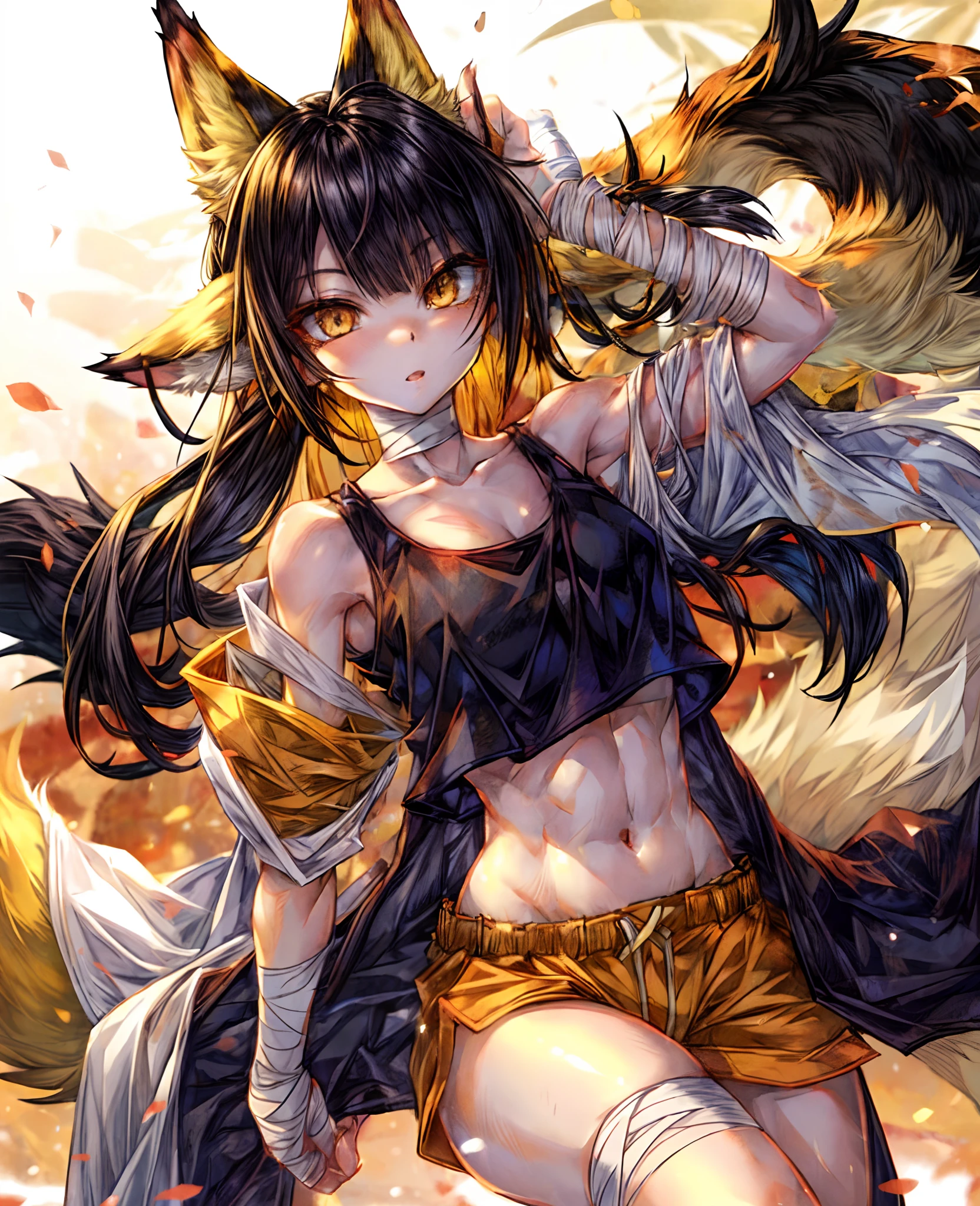 1girl, bandages, midriff, gold eyes, pale skin, super saiyan, black hair, head tilt, wide-eyed, fox ears, fox tail