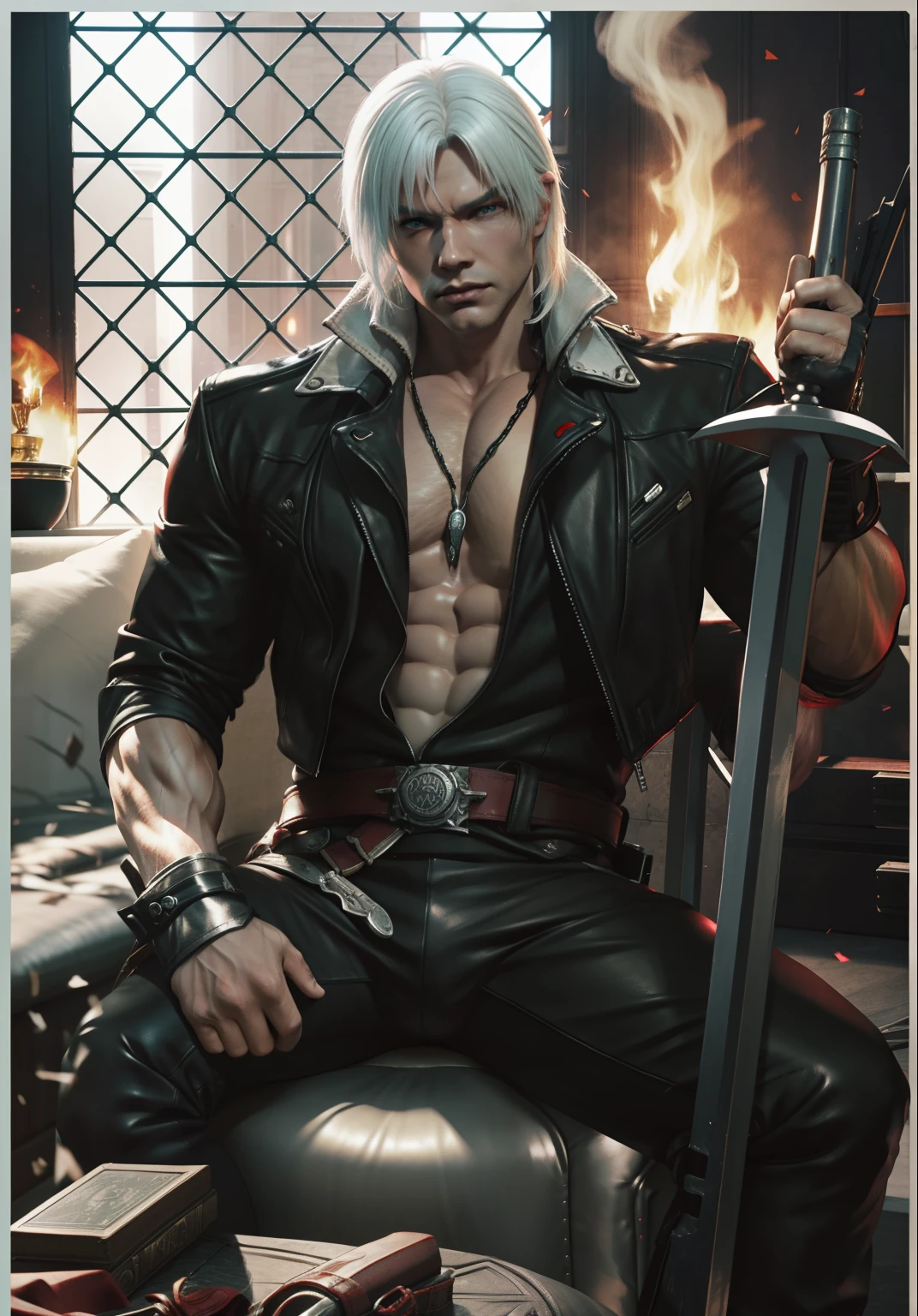 dante devil_may_cry male male_only sakimichan solo white_hair,big muscle,sit down,leather gloves,strong man