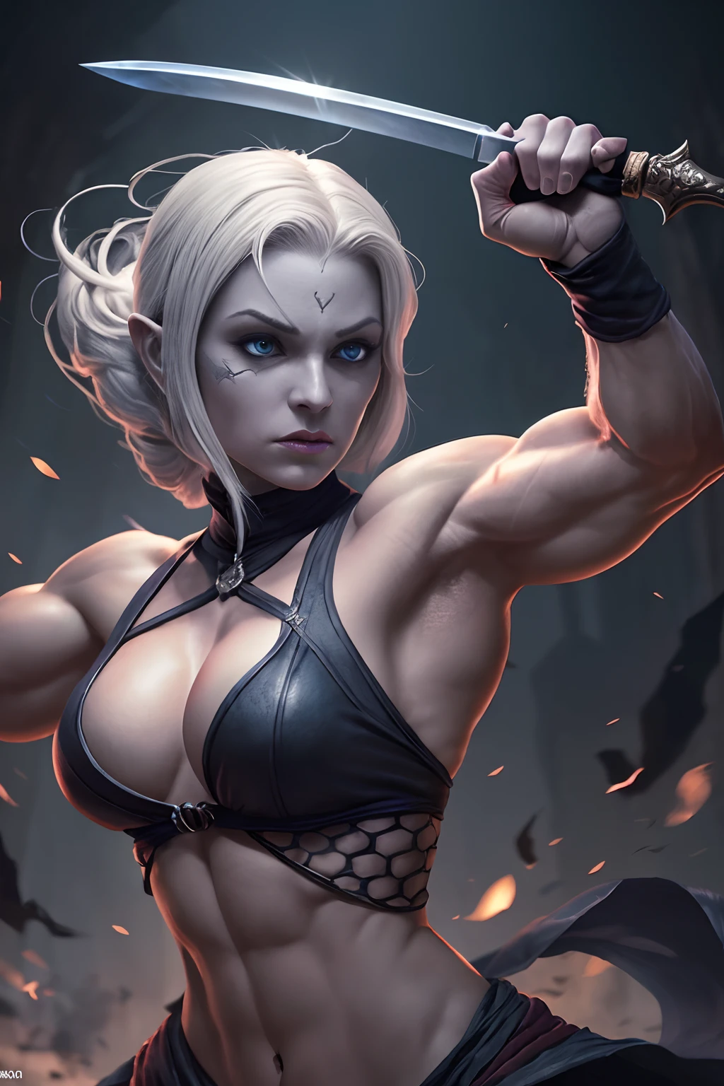 A beautiful muscular female Drow, wielding a long sword, fighting stance, very dimly light, cinematic lighting,