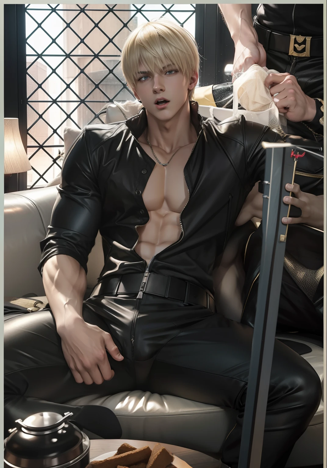 2boys  black_hair blonde_hair erection femboy_on_male gay genos hand_on_head hand_on_own_head male male/male male_focus male_only multiple_boys one-punch_man open_mouth penetration  reach_around sakimichan sex shirt_lift speed-o'-sound_sonic tagme torn_clothes uncensored yaoi