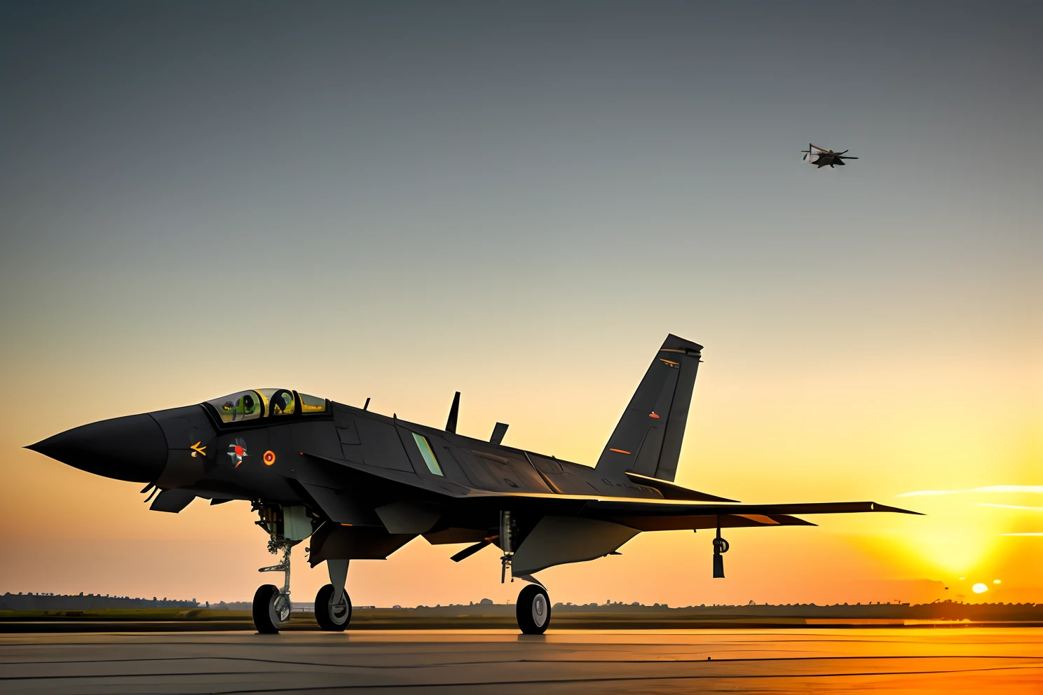Stealth attack aircraft armed with two Gatling cannons flew in the air，The afterglow of the setting sun shines on the wings。k hd