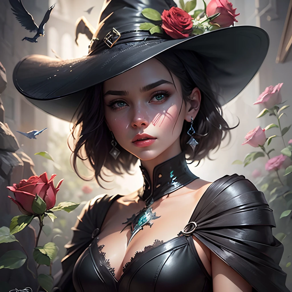 painting of a fierce witch wizard woman with red roses around her, black medium short hair dyed blue, green eyes, background pitch black, a digital painting by Galen Dara, trending on Artstation, digital art, stunning digital illustration, jen bartel, beautiful digital artwork, beautiful digital illustration, epic digital art illustration, epic portrait illustration, stunning digital painting, glossy digital painting, detailed digital painting, gorgeous digital painting, amazing digital art --auto --s2