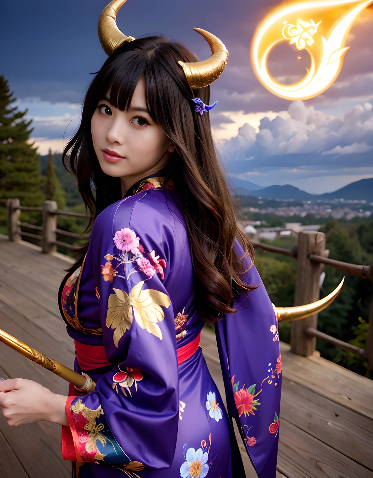((World of Darkness)),Professional , masterpiece、top-quality、photos realistic , depth of fields 、(sexypose)、(Black maple on the background of full bloom),(Ultimate Beauty)、A dark-haired、(shrine background)、(Kimono with beautiful pattern)、(Night background)、Beautiful hair ornament on the head、((Precipitous cliffs)),(Wear a beautiful kimono),(Wear a beautiful kimono with colorful floral patterns)、(Japan Castle Background)、Jewel Gold Weapon、Particles of light),(Wearing a wizard's hat)、Gorgeous gold weapons ,Castle background、(( Gorgeous Dragon Sword)) , (a dark night),,(maikurobikini) 、((Black Haired Beautiful Girl))、(Castle background)、(demonic wings)、((Gangle's forest background))、Beautiful Caucasian beauty、1a person、dynamic ungle,(((Two devil's horns on the head)))、Smaller head、Idle Smile、Thin and beautiful female hands、Mystical expression、Light Effects、intense fighting、Wind-effect、magic circles、With the legendary magic wand、Dragon's tail、