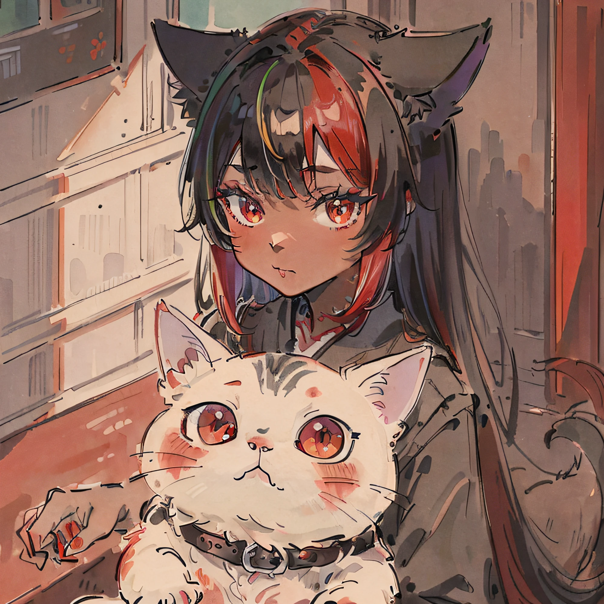 ((Best quality1.2))、((masterpiece))、((doress))、rot((rainbow-colored hair))、((Take a cute cat 1.5))、((red eyes)), ((Black skin tone)),