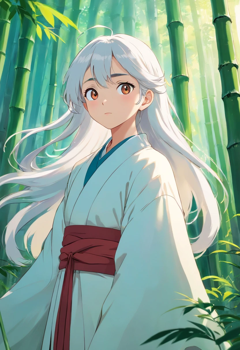 crisp focus,1 Boy,chinese style,Eastern Fantasy,Long white coat,Long white hair,apathy,High and cool,Prince God,Long sword at the waist.,Forest Bamboo,Cool shades,darkness,Long black hair fluttering in the wind,I'm a bunch.,Sword eyebrows, eyes closed.。
