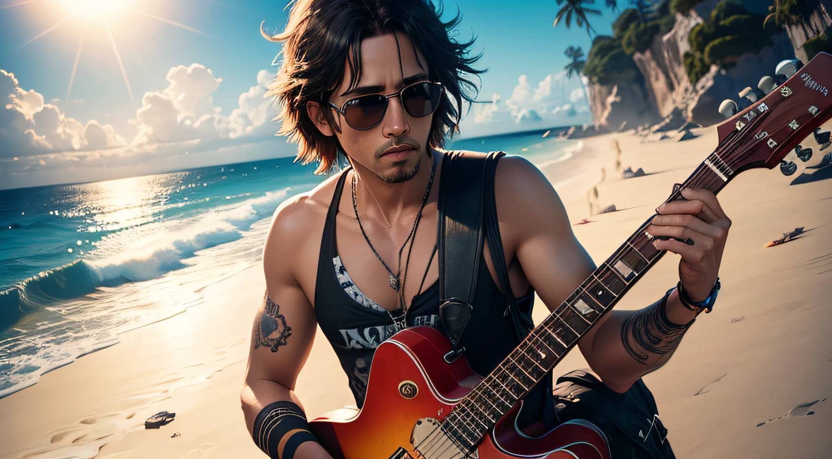 playa,rock and roll,guitarra,caribe,cinematic,dinamic,action,volume light,sun rays,octane render,8k,ultra details