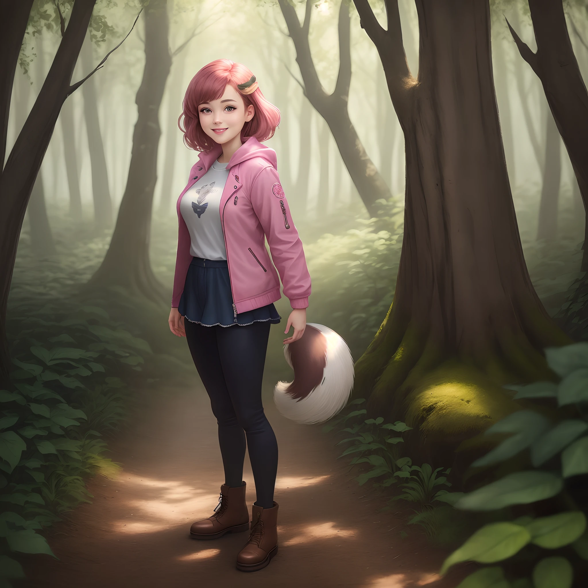 a beautiful squirrel girl, wearing a pink jacket, fantasy feel, beautiful smile, in a mystical forest. solo, 1girl,full body,pink theme, standing,forest background,masterpiece,solo,beautiful detailed eyes,finely detail,detailed face,finely detailed,hyper detailed,detailed hand,8k,finely detailed beautiful eyes,high resolution illustration,best quality, windy, 25 years old, lighting, adult