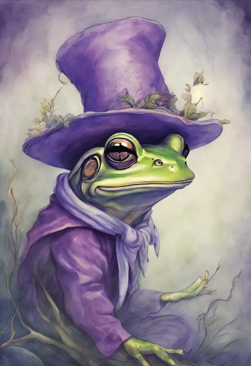 a drawing of a frog with a hat and a purple scarf, inspired by Brian Froud, brian froud style, inspired by Brian and Wendy Froud, brian froud juan gimenez, inspired by Leonor Fini, female alien, hooded figure, by Brian Fies, female humanoid creature, alien girl, production animation cel, drawn and painted
