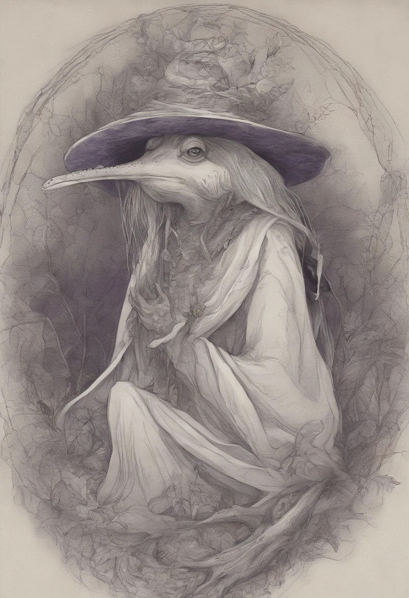 a drawing of a frog with a hat and a purple scarf, inspired by Brian Froud, brian froud style, inspired by Brian and Wendy Froud, brian froud juan gimenez, inspired by Leonor Fini, female alien, hooded figure, by Brian Fies, female humanoid creature, alien girl, production animation cel, drawn and painted