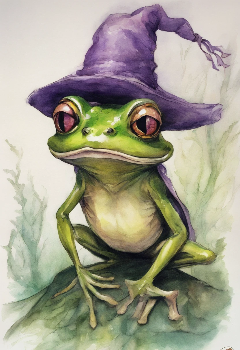a drawing of a frog with a hat and a purple scarf, inspired by Brian Froud, brian froud style, inspired by Brian and Wendy Froud, brian froud juan gimenez, inspired by Leonor Fini, female alien, hooded figure, by Brian Fies, female humanoid creature, alien girl, production animation cel, drawn and painted