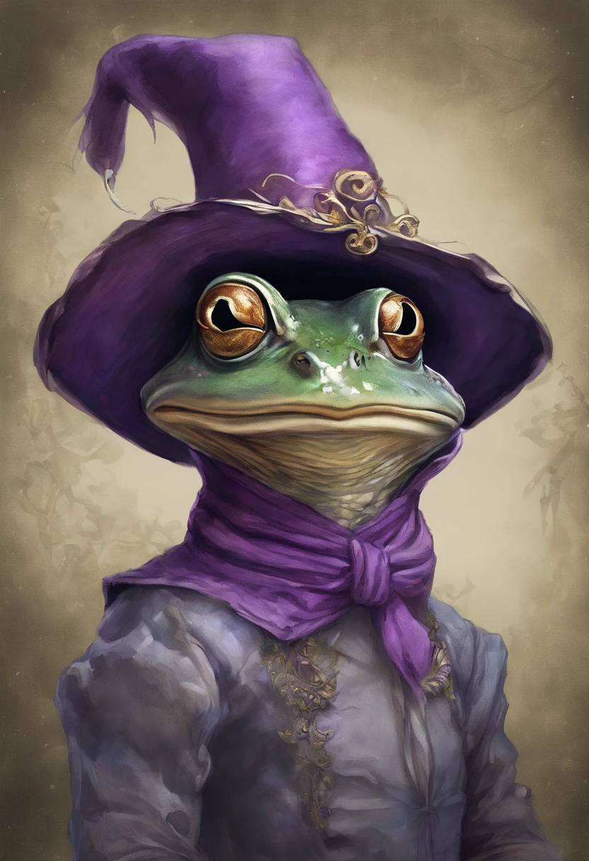 a drawing of a frog with a hat and a purple scarf, concept art inspired by Brian Froud, Artstation, feminist art, brian froud style, brian froud juan gimenez, female alien, hooded figure, female humanoid creature, production animation cel, drawn and painted, alien girl, artgerm and brian froud, hooded figure surreal