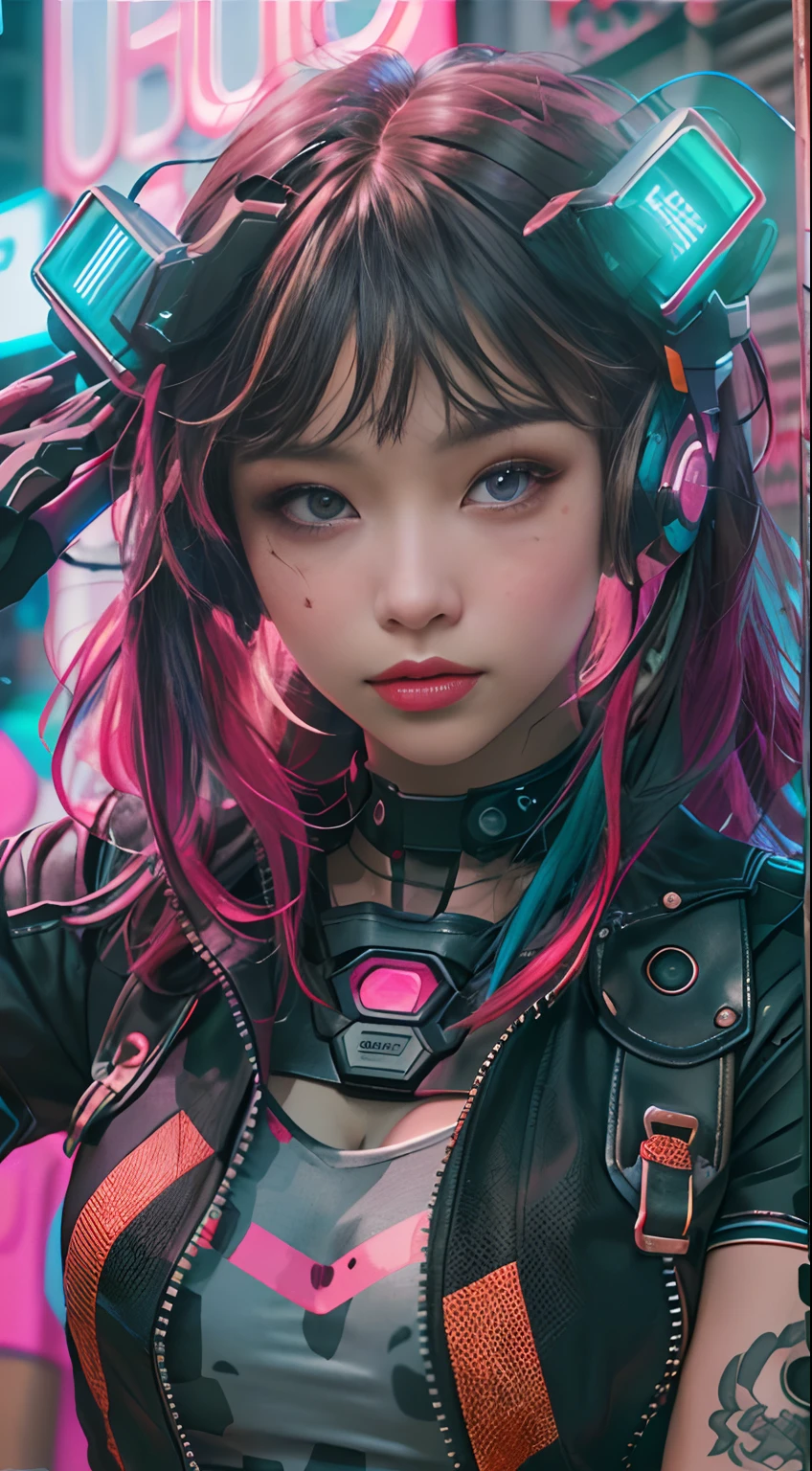 Masterpiece, Best quality, Confident cyberpunk girl, Full body shot, ((Stand in front of the motorcycle)), Popular costumes in Harajuku style, Bold colors and patterns, Eye-catching accessories, Trendy and innovative red hairstyle, Vibrant makeup, Cyberpunk's dazzling cityscape, skyscrapper, Neon signs, LED lights, Bright and vivid color scheme, anime big breast, illustration, Detailed skin texture, Detailed cloth texture, Beautiful detailed face, Intricate details, Ultra detailed.
