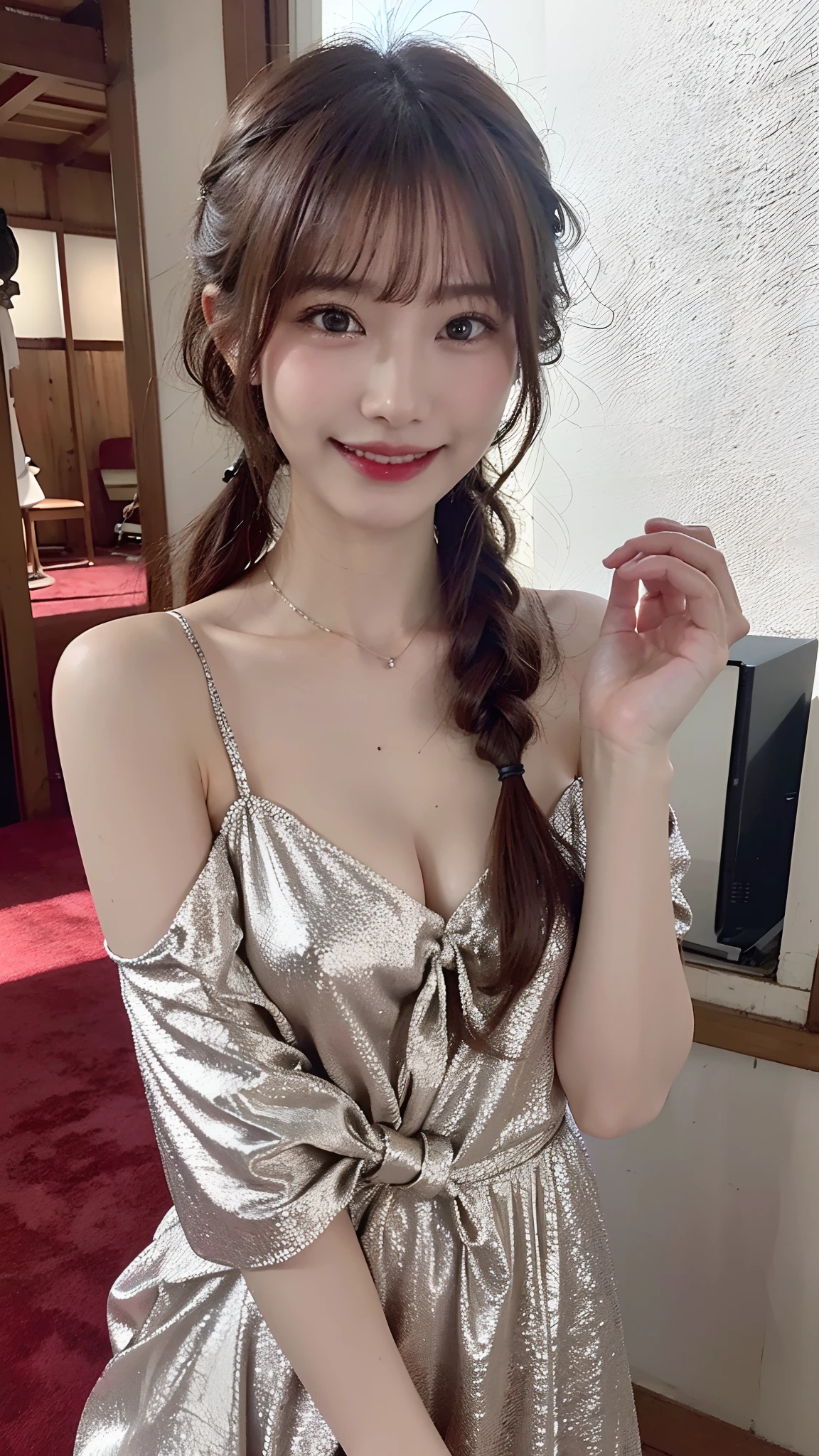(​masterpiece:1.3), (8K, Photorealsitic, Raw photography, Top image quality: 1.4), Japan high school girls、(Hair is tied up:1.2)、Super Detail Face、Eye of Detail、二重まぶた、foco nítido:1.2、prety woman:1.4、light brown hair、top-quality、​masterpiece、超A high resolution、(Photorealsitic:1.4)、very detailed and professional lighting、slender、(Grinning smile:1.3)、Wearing a body fitted glitter party dress、shoulders are exposed:1.8、side slits:1.2、Gorgeous Necklaces:1.5、((Party Venue))、Holding a glass of sparkling wine in hand、