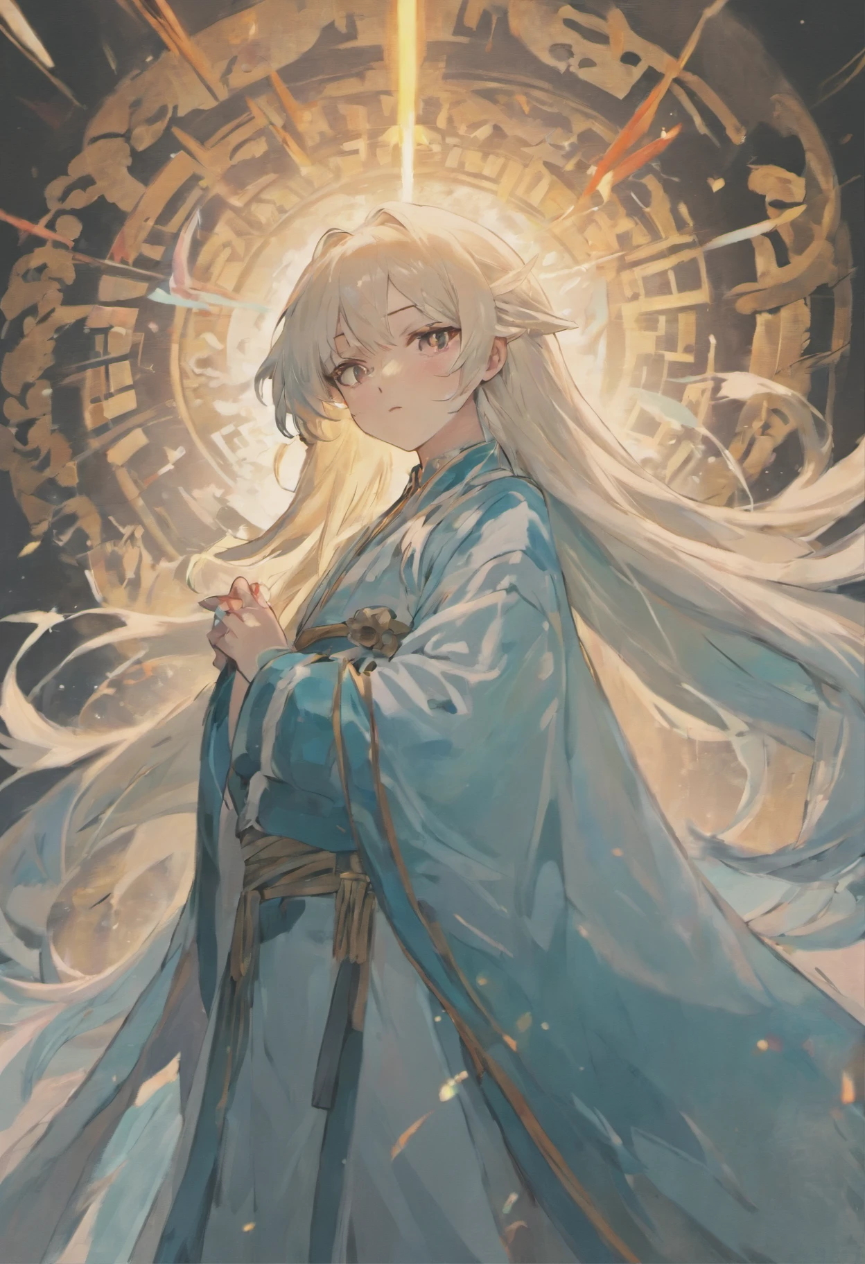 crisp focus,1 Boy,chinese style,Eastern Fantasy,Long white coat,Long white hair,apathy,High and cool,Prince God,Long sword at the waist.,Forrest,Cool shades,darkness,Long white hair fluttering in the wind.,I'm a bunch.,Sword eyebrows, eyes closed.。