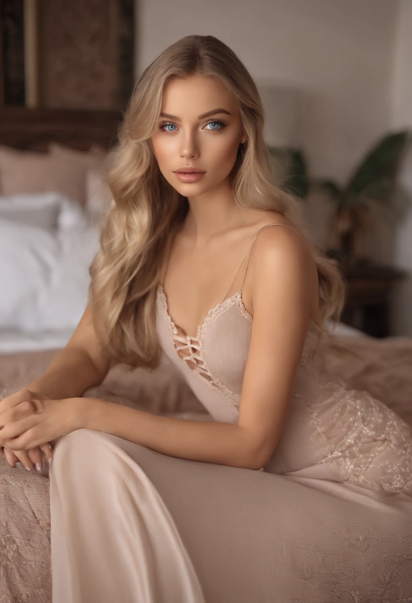 arafed woman fully , sexy girl with blue eyes, ultra realistic, meticulously detailed, portrait sophie mudd, blonde hair and large eyes, selfie of a young woman, bedroom eyes, violet myers, without makeup, natural makeup, looking directly at the camera, face with artgram, subtle makeup, stunning full body shot kneeling on bed, in bedroom, medium to large size bust