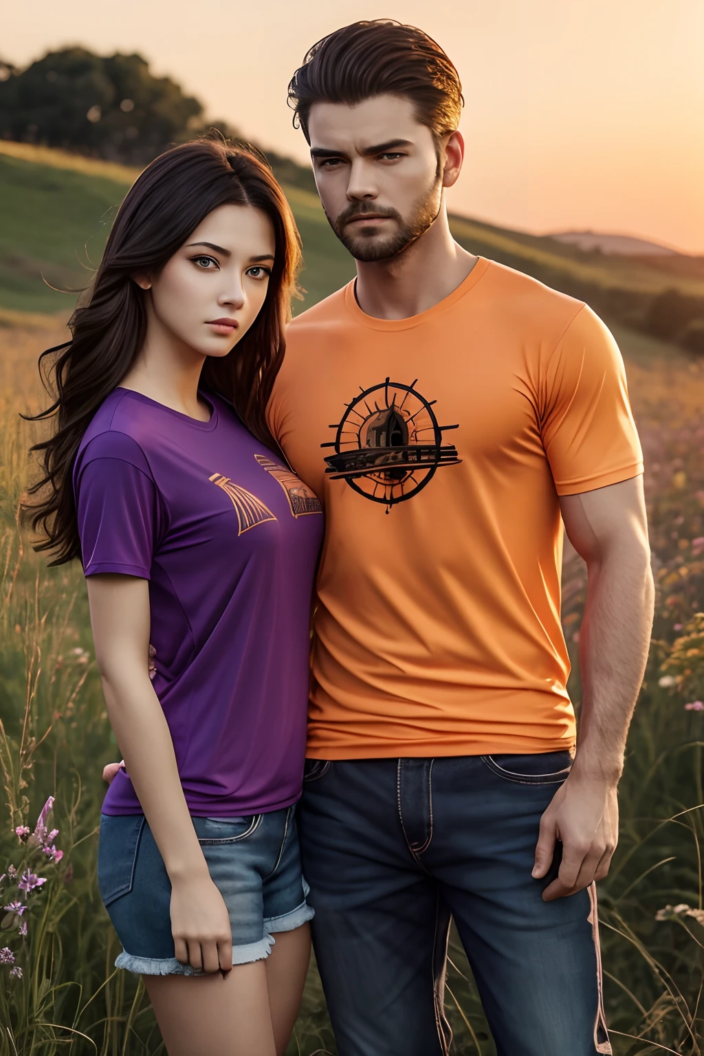 Masterpiece, Best Quality, {Best Quality}, {{Masterpiece}}, {hight resolution}, {{{Field field}}, (NSFW :1.3) Extremely detailed pair, illustartion, couple, 1boy, 1girl, couple, Love, Love, Romantic, sharp-focus, male focus, female focus, black hair, violet eyes, Sun, Sunlight, high ground, Surprised, envy, Orange sky, t-shirts, Men's leisure clothing, expressionless, Women's fashion