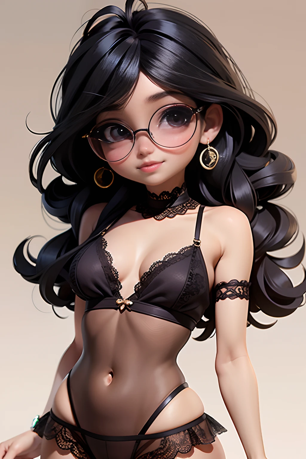 linda chica negra, Cabello atascado, cabello suelto, tetas grandes, Accesorios modernos , gafas, ojos detallados, Sonrisa detallada, ((Only black lace lingerie)), Pose playa, Detalles detallados, Mostrar la espalda a la cama, holographic, Fondo claro y simple