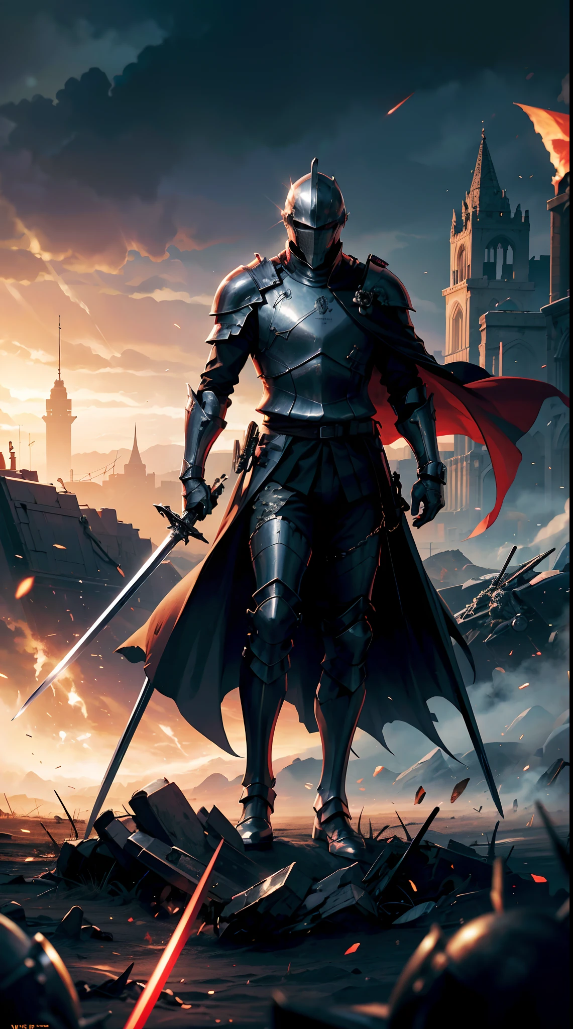 Knights holding swords,  suits,  general hats, tanks and soldiers in the background,red blood element,hd light and dark, balance rendering, HD lighting and dark )<=(epic image quality)dark atmosphere with bright particle light(many effects in background)