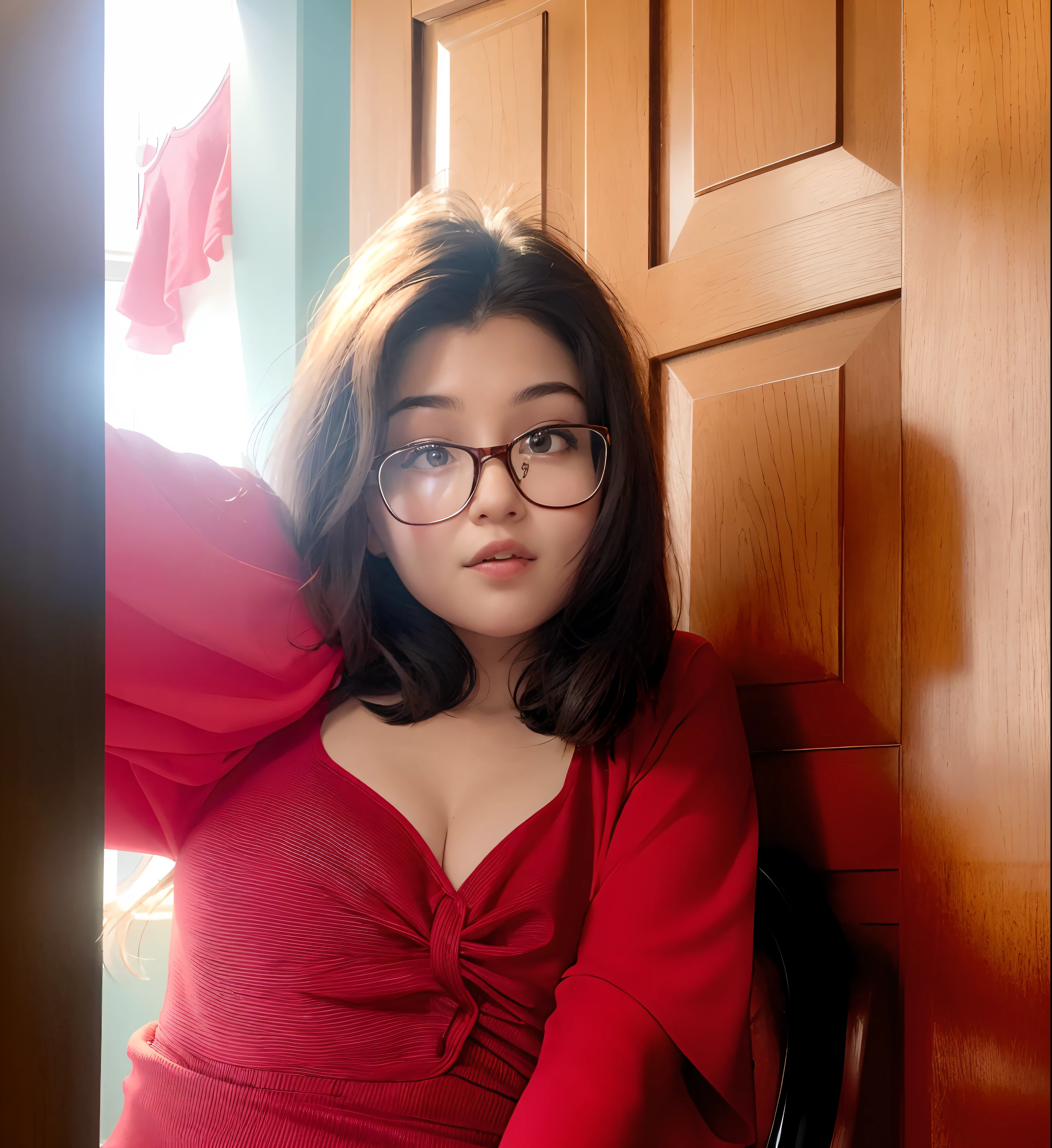 there is a woman wearing glasses and a red dress posing for a picture, with glasses, taken with sony alpha 9, with square glasses, selfie of a young woman, wearing a red outfit, wearing a red dress, with glasses on, with cute doting eyes, wearing red tainted glasses, mid shot portrait, thick glasses, lofi portrait at a window