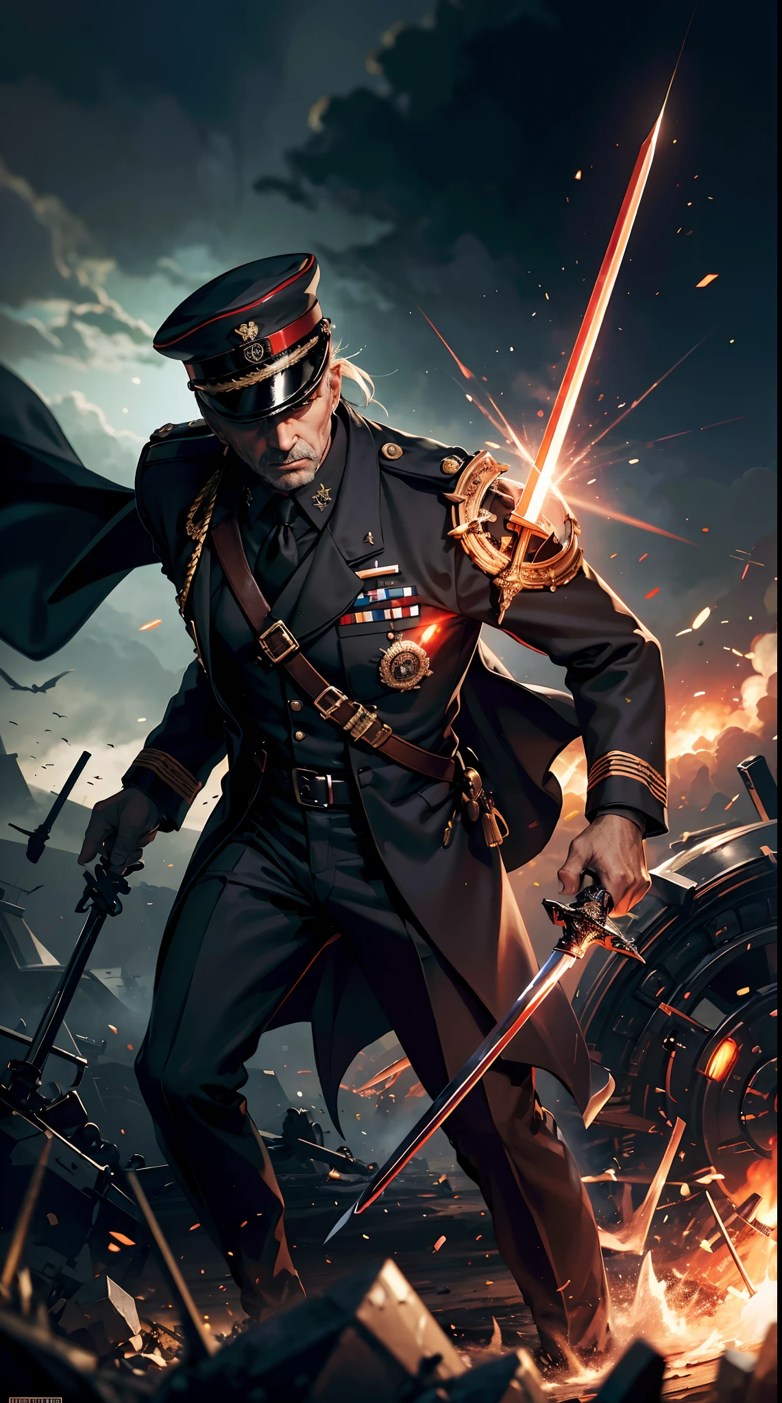 Father holding swords,  suits, Nazi general hats, tanks and soldiers in the background,red blood element,hd light and dark, balance rendering, HD lighting and dark )<=(epic image quality)dark atmosphere with bright particle light(many effects in background)