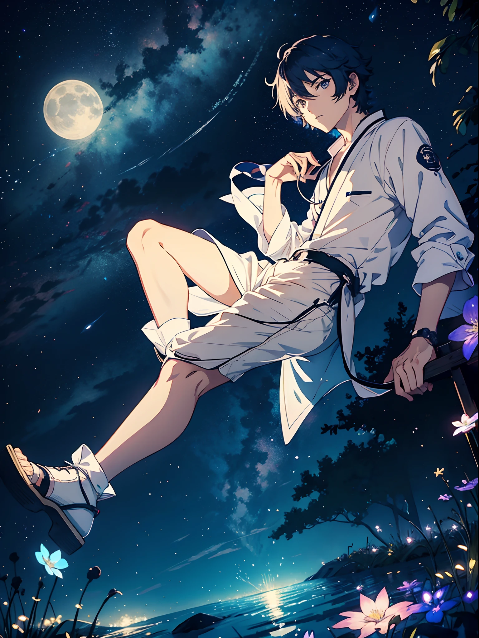 anime guy, Stars, luna, clear water, luminescent flowers