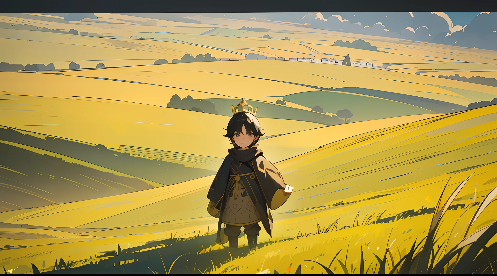 Cute Goober Chibi Anime Kid with black hair and a gold crown standing in the middle of a grassy field ,scenic shot (Absurd, High Resolution, Ultra Detailed), 1boy, Solo, Very Detailed Eyes, (Official Art, Beauty and Aesthetics: 1.2), (Fractal Art: 1.3), , Most Detailed