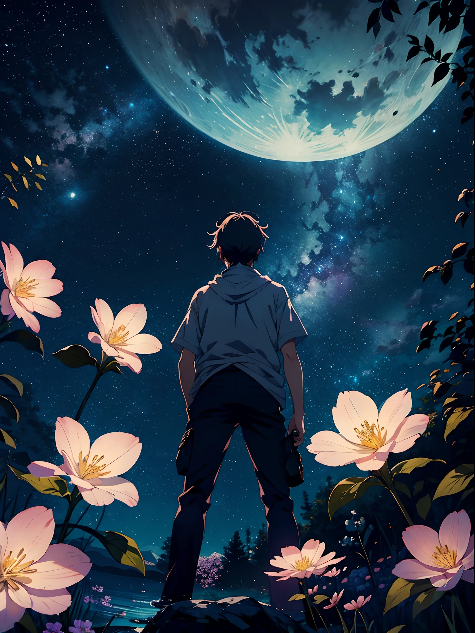 anime guy, Stars, luna, clear water, glowing flowers