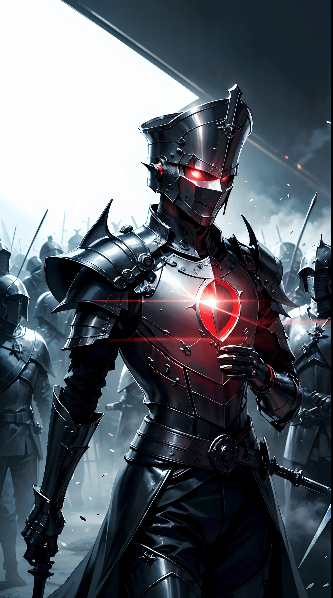 Knights holding swords, suits, general hats, soldiers in the background,red blood element,hd light and dark, balance rendering, HD lighting and dark )<=(epic image quality)dark atmosphere with bright particle light(many effects in background)