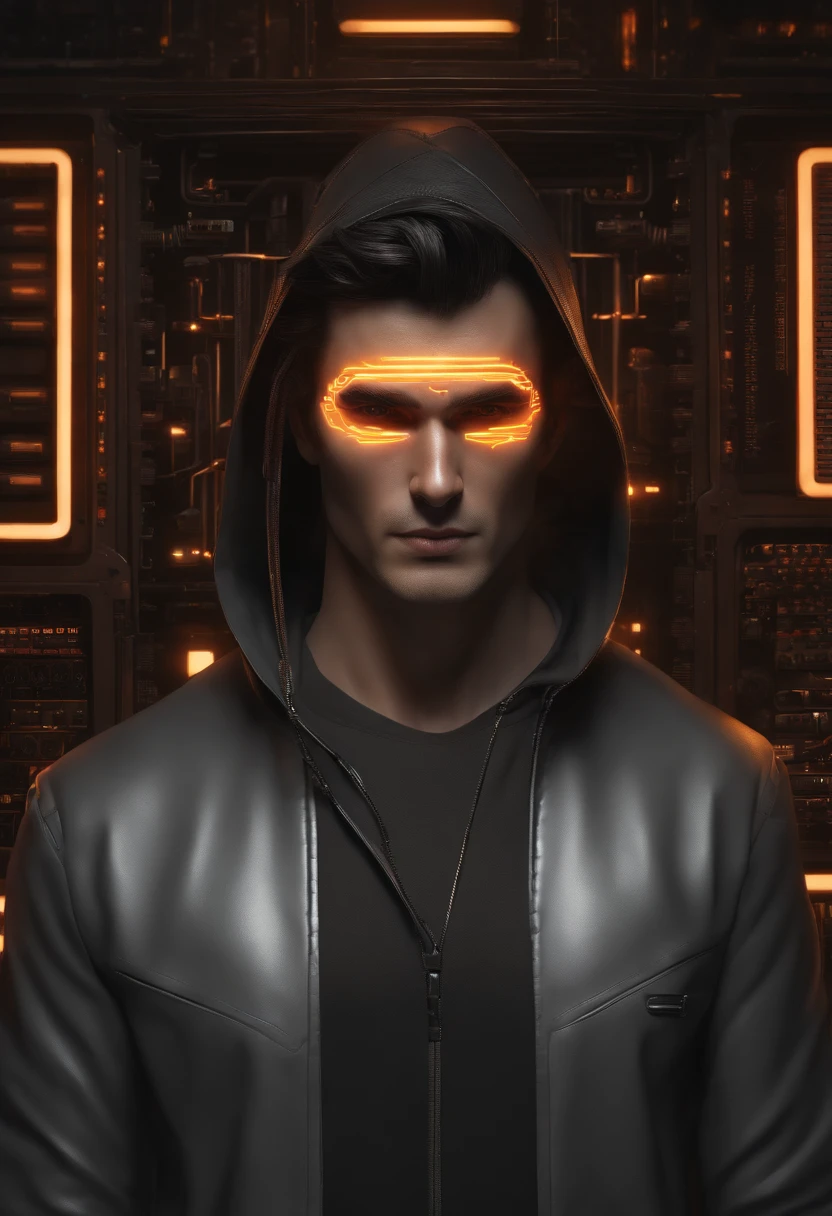 (absurd, intricate details, masterpiece, best quality, high resolution, 8k), 1 male, Brazilian, mature, beautiful, finely detailed eyes and face, quiff black hair, teary eyes, looking at viewer, solo, (full body: 0.6), detailed background, detailed face, (CircuitBoardAI, electronic theme:1.1) futuristic hacker of evil high-tech, smile, advanced technology, hood, techwear, keycard, cables, (holographic display:1.05), Error message, computer, password, server room in the background, orange lights, cyber warfare, sinister dark atmosphere, depth of field, visual effects.