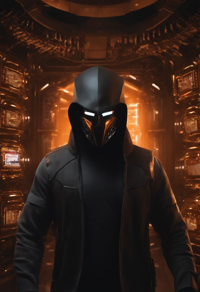 (absurd, intricate details, masterpiece, best quality, high resolution, 8k), 1 male, Brazilian, mature, beautiful, finely detailed eyes and face, quiff black hair, teary eyes, looking at viewer, solo, (full body: 0.6), detailed background, detailed face, (CircuitBoardAI, electronic theme:1.1) futuristic hacker of evil high-tech, smile, advanced technology, hood, techwear, keycard, cables, (holographic display:1.05), Error message, computer, password, server room in the background, orange lights, cyber warfare, sinister dark atmosphere, depth of field, visual effects.