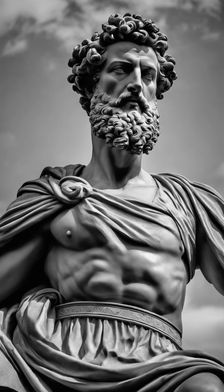 a portrait statue of the stoic Marcus Aurelius in black and white 4K, papel de parede super realista, corpo inteiro, corpo forte, musculoso, forte, sem camisa, tronco forte, forte, sem camisa, strong upper arms