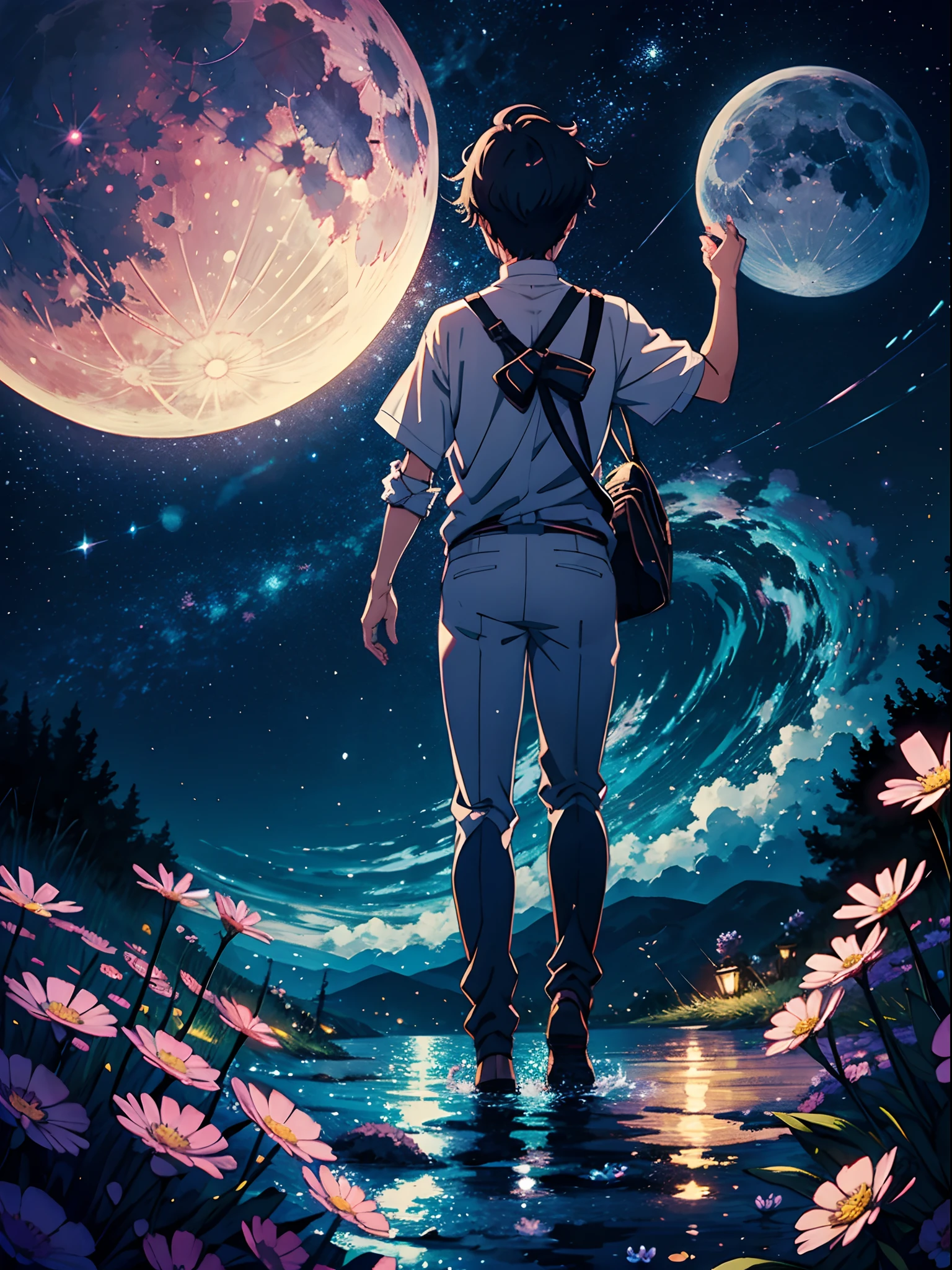 anime guy, wonderwold, stars, moon, clear water, glowing flowers