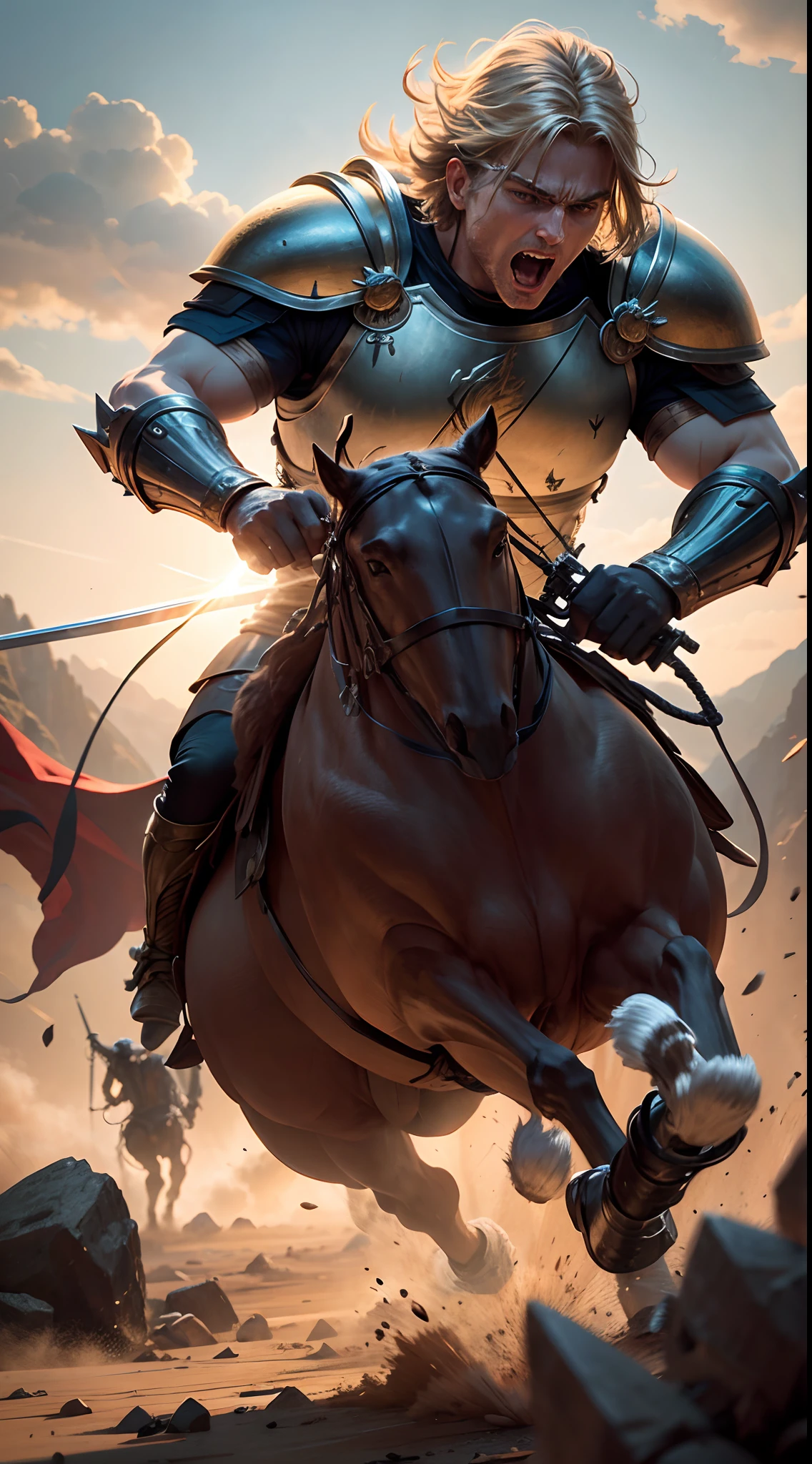 A dynamic scene of Achilles in battle, his sword and shield glinting in the sunlight as he charges forward with a battle cry.32k uhd, best quality, masterpiece, super detail, high details