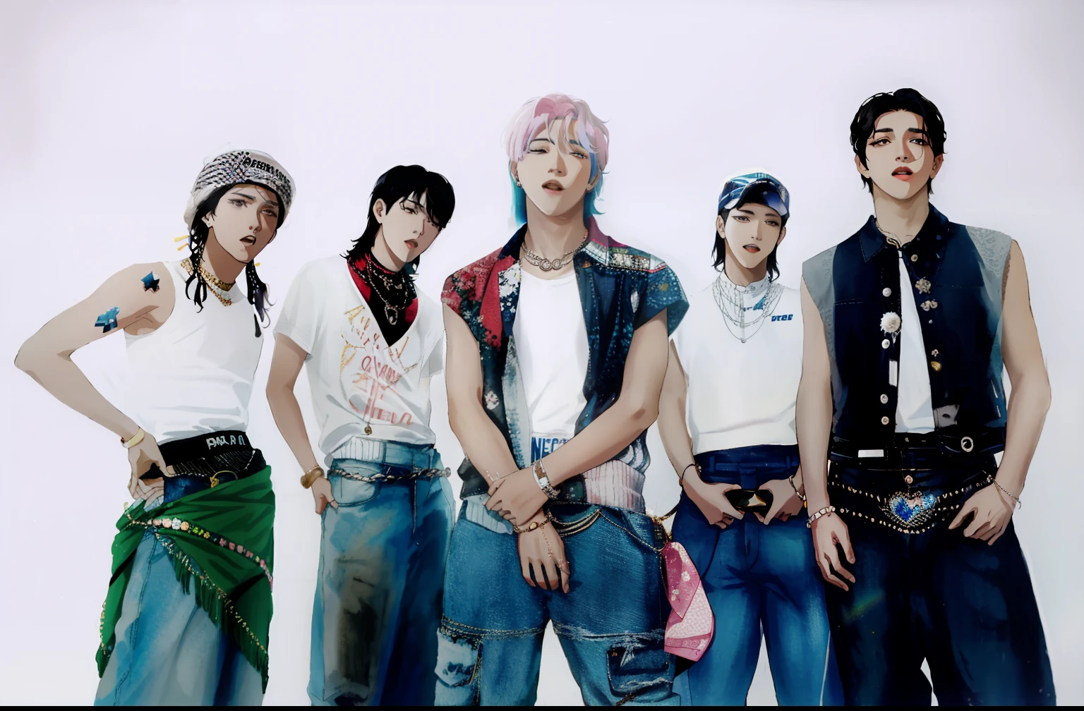 Araped youth group standing side by side, all from the group nct, Regular K-pop boy band, Each one is dressed in the right period clothes,, Bangtan Boys (BTS), k-pop, Gen Z, Portrait of a pink gangster, 2 working days, 2D, k-pop, big bang, U. h. d, Post Grunge, Anime boy, desrt ,