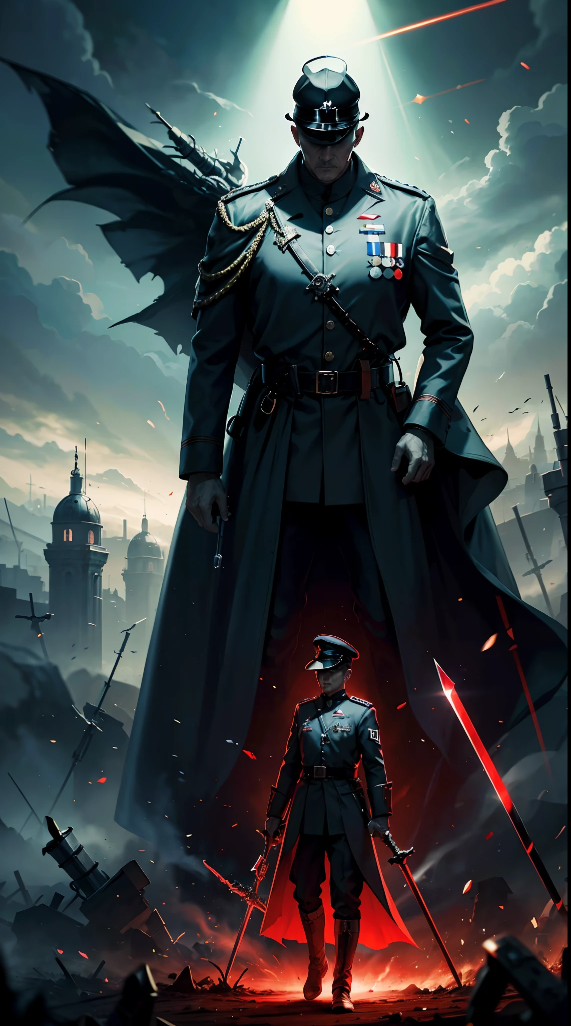 Father,Knights holding swords, suits nazi, Nazi general hats, soldiers in the background,red blood element,hd light and dark, balance rendering, HD lighting and dark )<=(epic image quality)dark atmosphere with bright particle light(many effects in background)