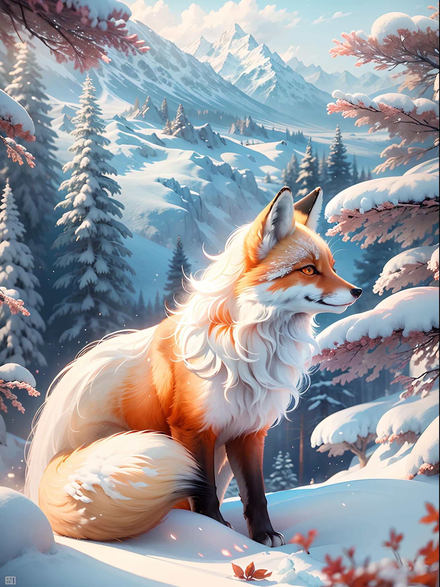 （Great view of the snowy mountains，Natural beauty），Beautiful and dreamy picture，Many trees，Frozen tree，crystal-clear。red fox：1.1。snow mountains：2。Under the snowy mountains，Cute white fox, very very beautiful furry art, ethereal fox, White fox, 8K high quality detailed art, 4K verbs