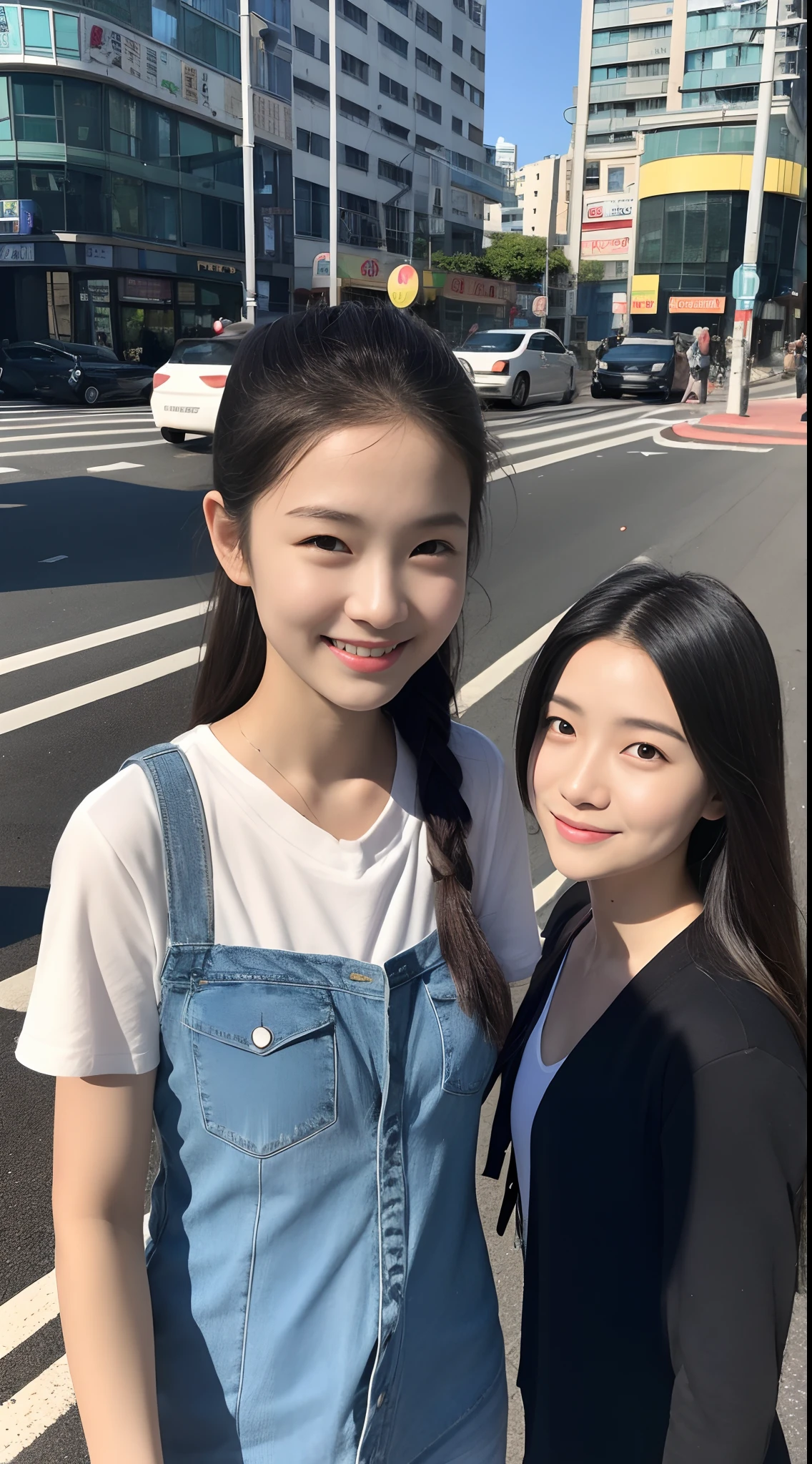 Two girls: A -yeld giwalks in front of a zebra crossing at a traffic light on a Hong Kong street,Extreme light and shadow,Aurora chase,Extremely strong reflected light,Extreme shadows,Town,blue-sky,warm sunlight,enjoying life,Healing pictures,(Smile 0.8)(Upper body close-up 1.2)(Great view 1.2)(Clean background 1.2)(Delicate facial features1.3)(Perfect body 1.3)(Flat chest 1.1)(Global illumination 1.2)(Surreal scenario 1.3)(Wear denim suspenders 1.2)(Double ponytail 1.3)(Playful cute shape 1.3),rendering by octane,CGSociety trends,Super sharp,highly intricate detail,realistic raytraicing,((hyper realistic detailed))(Ultra-delicate eye structure 1.3)(There is reflected light in the eye1.3)(Body tilt 1.2)Analog cameras(Realistic portrait 1.3)(Bust close-up 1.3)(Young and energetic1.3)(Playful 1.3)